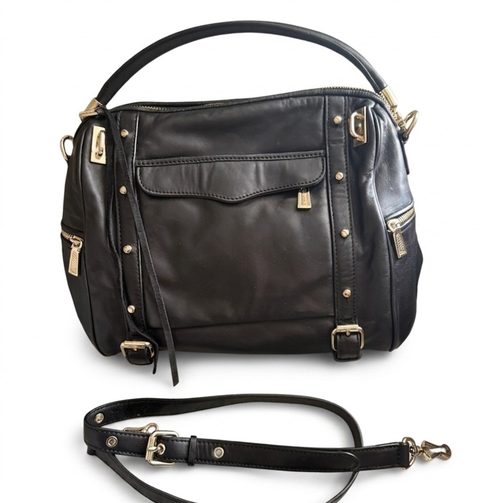 Rebecca Minkoff Black Leather Cupid Satchel Bag with Gold Hardware